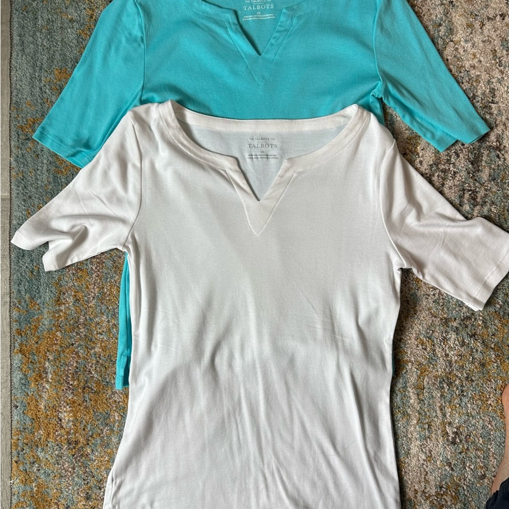Lot of 2 Talbots Women's V-Neck Blouses - Aqua and White size XS EUC